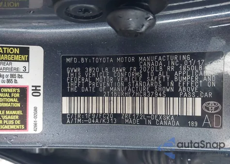 2017 Toyota Corolla Se из США, поврежденный, VIN 2T1BURHE7HC837945